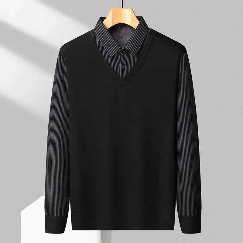 Male Everyday Fake Two Piece Sweater Soft Knit Material Shirt Collar Thick Fleece Lining Thermal Vertical Stripe Long Sleeve Top