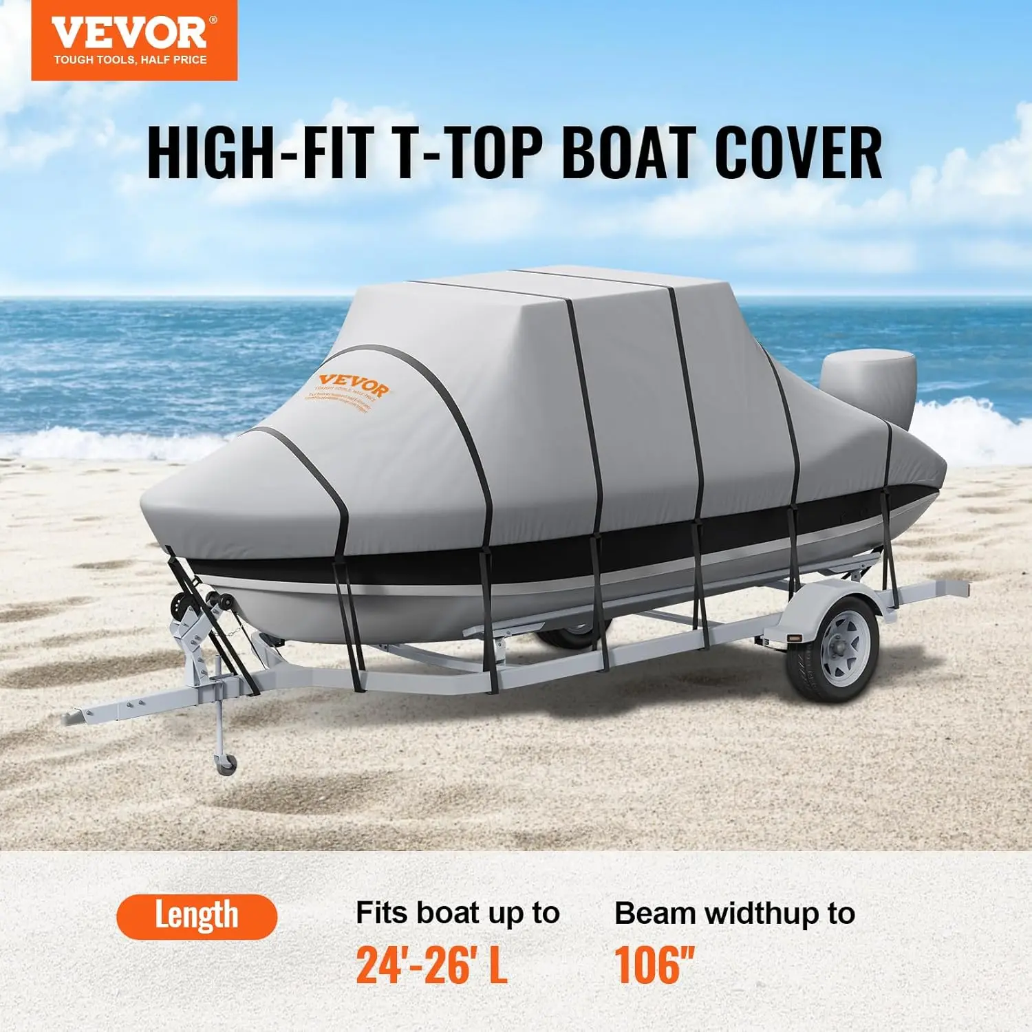 T Top Boat Cover 24-26 ft Waterproof Trailerable T-Top Boat Cover, 600D Marine Grade PU Oxford, with Windproof Buckle Straps, fo