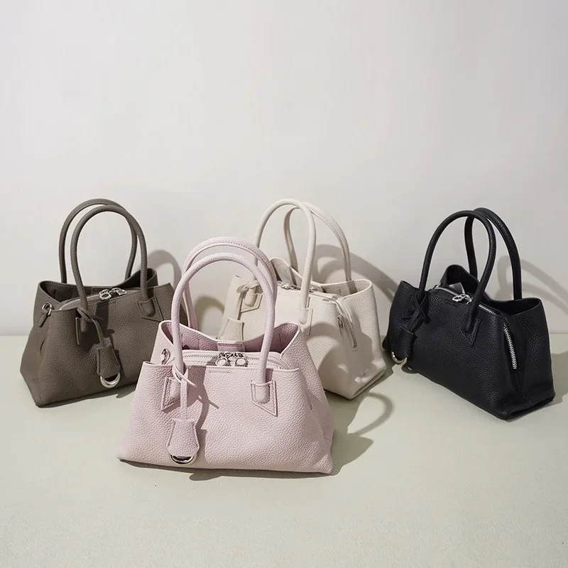 Simple Versatile Basket Handbag First Layer Cowhide Leather Crossbody Bag for Women High-End Work Tote with Zipper Glacier White