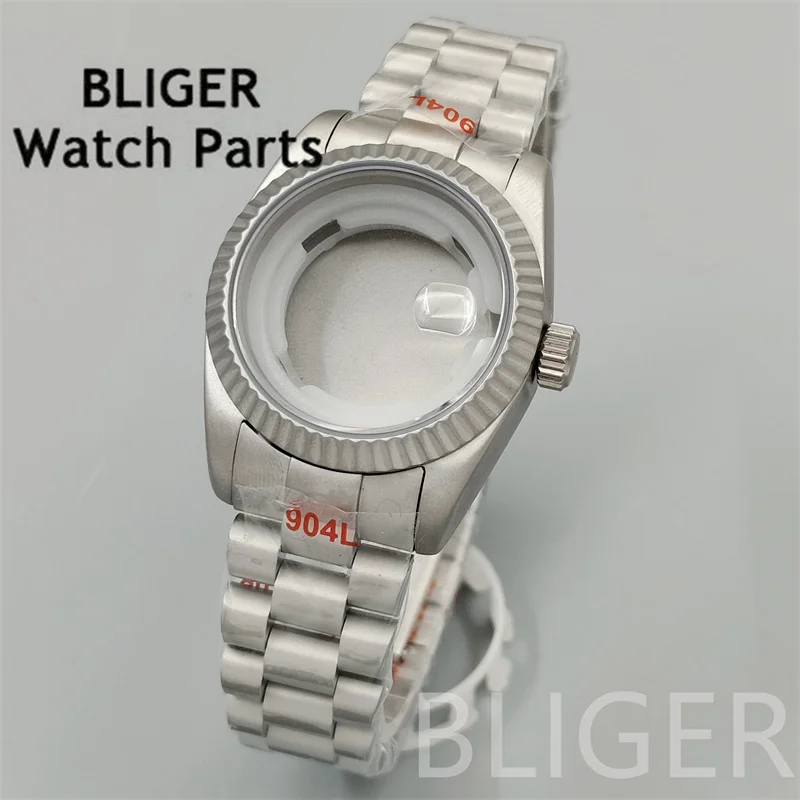 BLIGER-caja de reloj de acero inoxidable cepillado recubierto, 31mm, con correa, bisel redondo, cristal de zafiro ampliado, apto para movimiento NH05 NH06