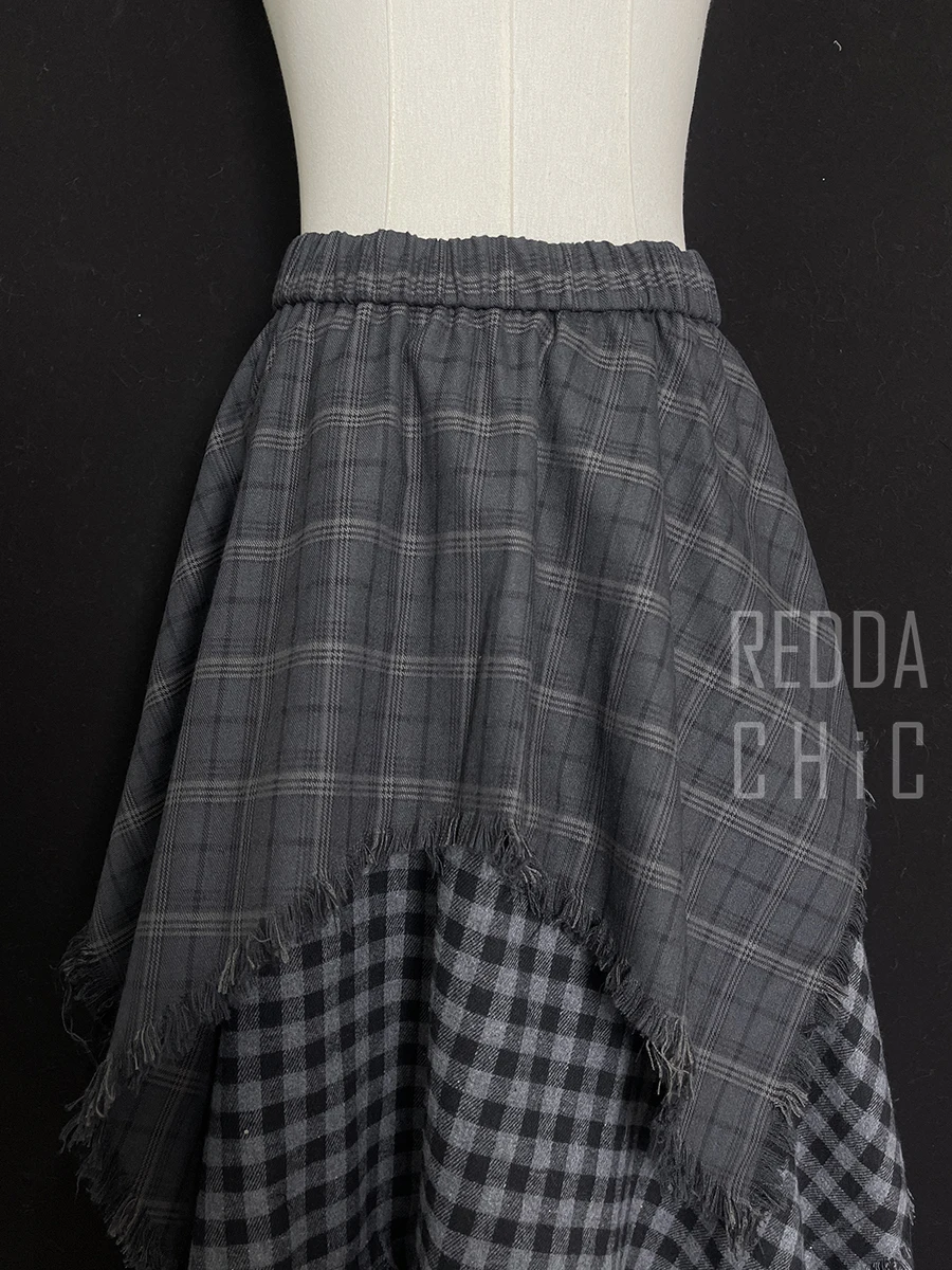 ReddaChic Alt Goth Contrast Plaid Skirt Grunge Retro Elastic Waist Raw Edge Irregular Ruffle Long Skirt Plus Size Women Clothes