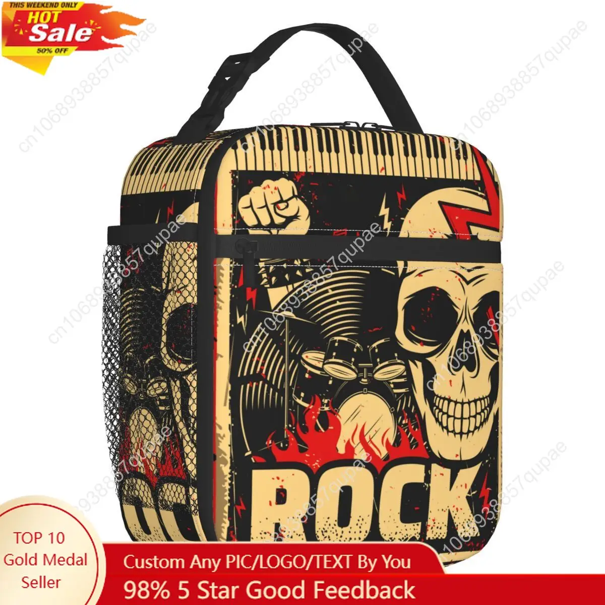 

Skull Guitar Rock Festival Insulated Lunch Bag for Women Waterproof Heavy Metal Punk Music Cooler Thermal Lunch Box Work School