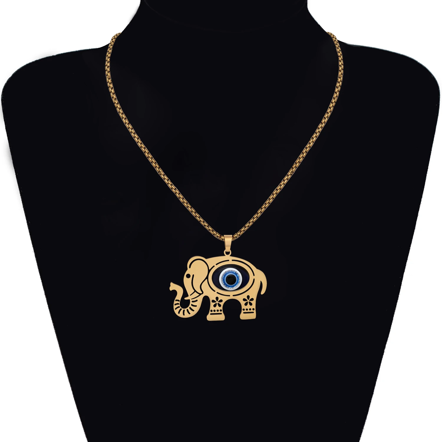 Bonsny Stainless Steel Gold Pated Cool Eye Elephant Necklace Fashion Jewelry Animals Pendant For Men Women Teen Gift Accessories