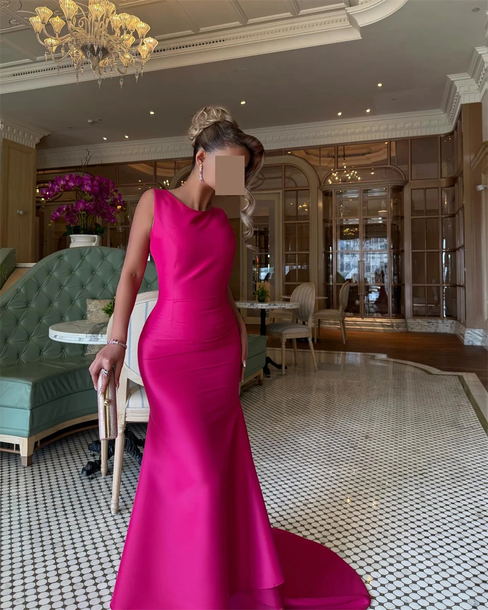 Jersey clásico personalizado con cuello redondo y hombros descubiertos, sin mangas, sirena hasta el tobillo, tren con paneles, vestidos para ocasiones especiales fruncidos