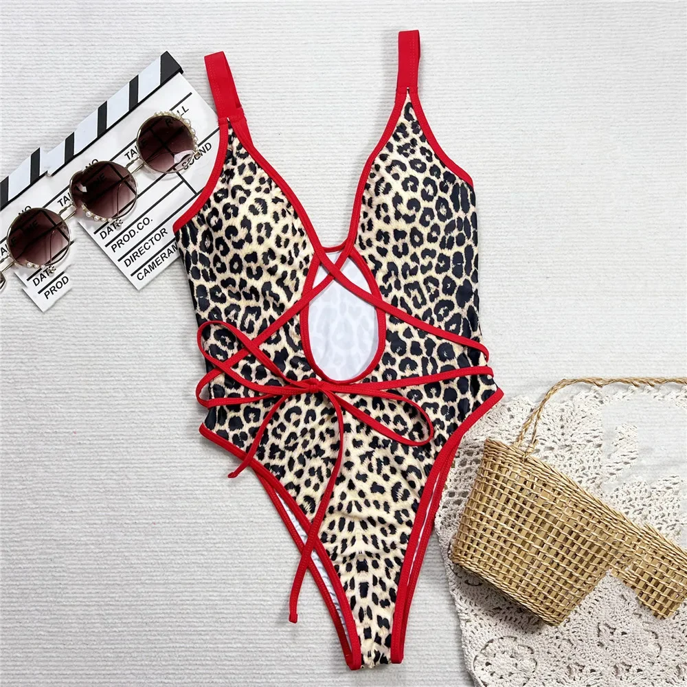 Sexy Leopard Print Hollow Out Monokini Swimsuit Woman 2026 One Piece Swimwear Red String Cross High Cut Bathing Suit Bodysuits