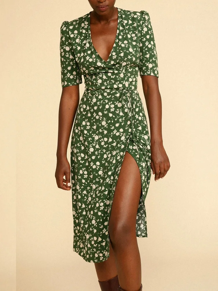 

Reformation Early Spring Dark Green Fragmented Flower V-neck Short Sleeve Medium Long Wrap Tea Break Dress