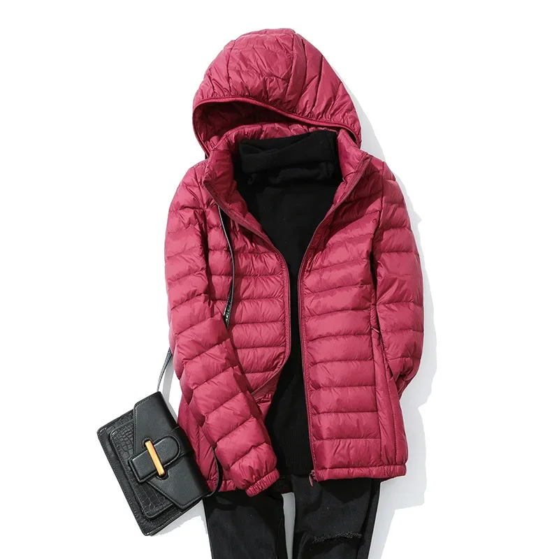 

Autumn Winter Women Hat Detachable Hooded Down Coat Ladies Bigsize Puffer Outwear Ultra Light Thin White Duck Down Jacket Parkas