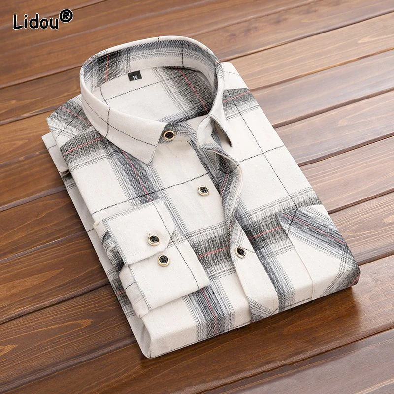 2023 New Spring and Autumn Brushed Plaid Polo Collar Panel Pocket Long Sleeve Casual Loose Versatile Youth Oversized Shirt