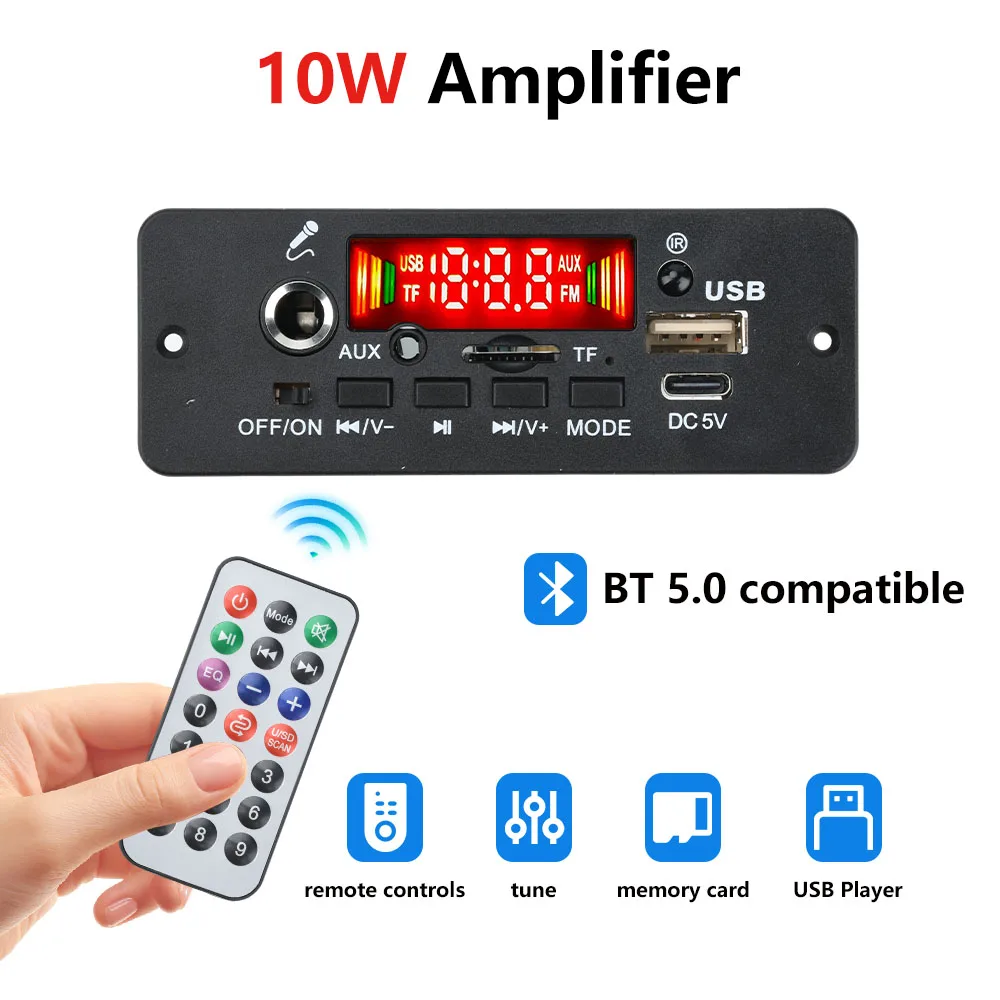 10W Verstärker Bluetooth DIY MP3 Decoder Board 5W DC 5V Musik Player Auto FM Radio Modul TF USB Aufnahme Freisprechen Anruf Mikrofon