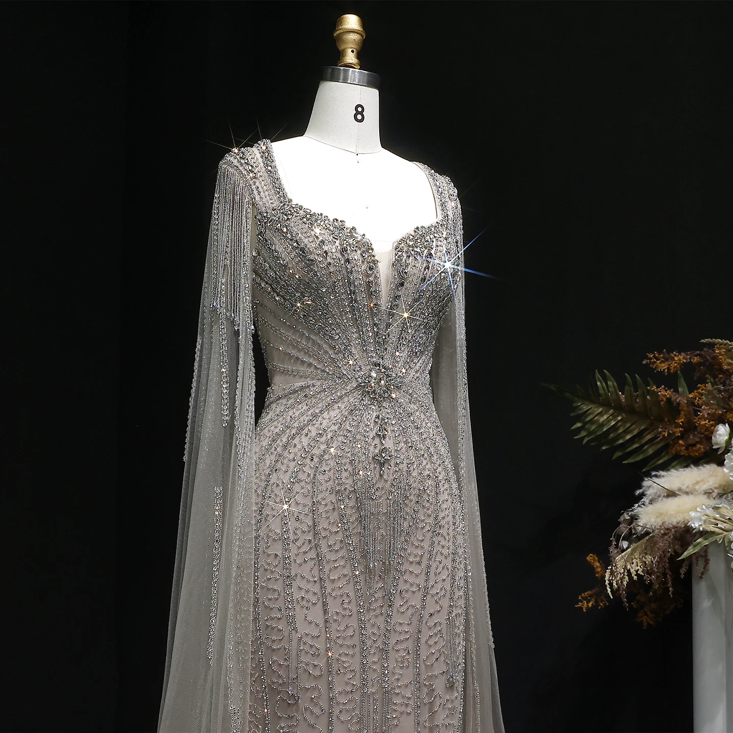 Sharon Said Dubai Luxuriöses Champagner-Meerjungfrauenkleid mit Cape-Ärmeln für Damen, Hochzeitsfeier, Ballkleider SS024, Maßanfertigung – Detail 10