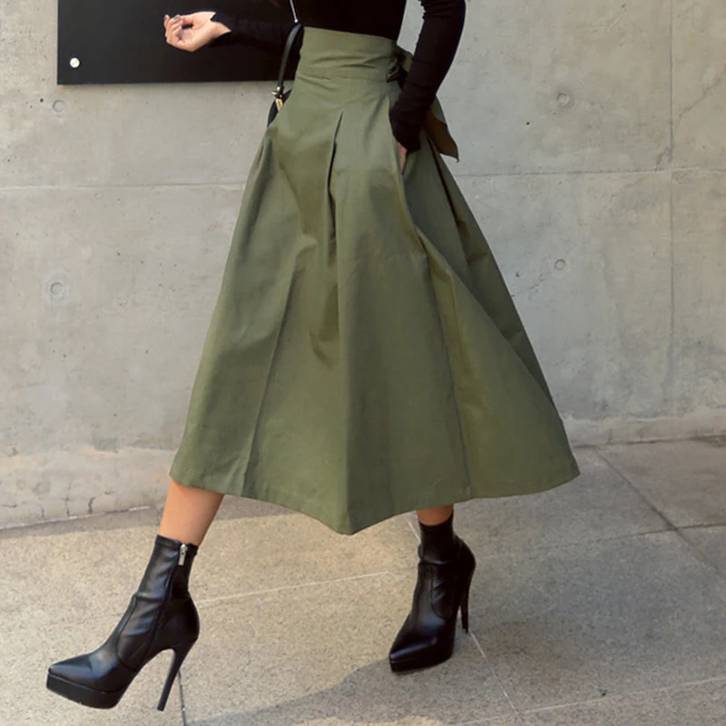 

MEXZT High Waist Bow Skirts Women Korean Fashion Solid Big Swing Female A Line Midi Skirts Elegant All Match Slim Skirts