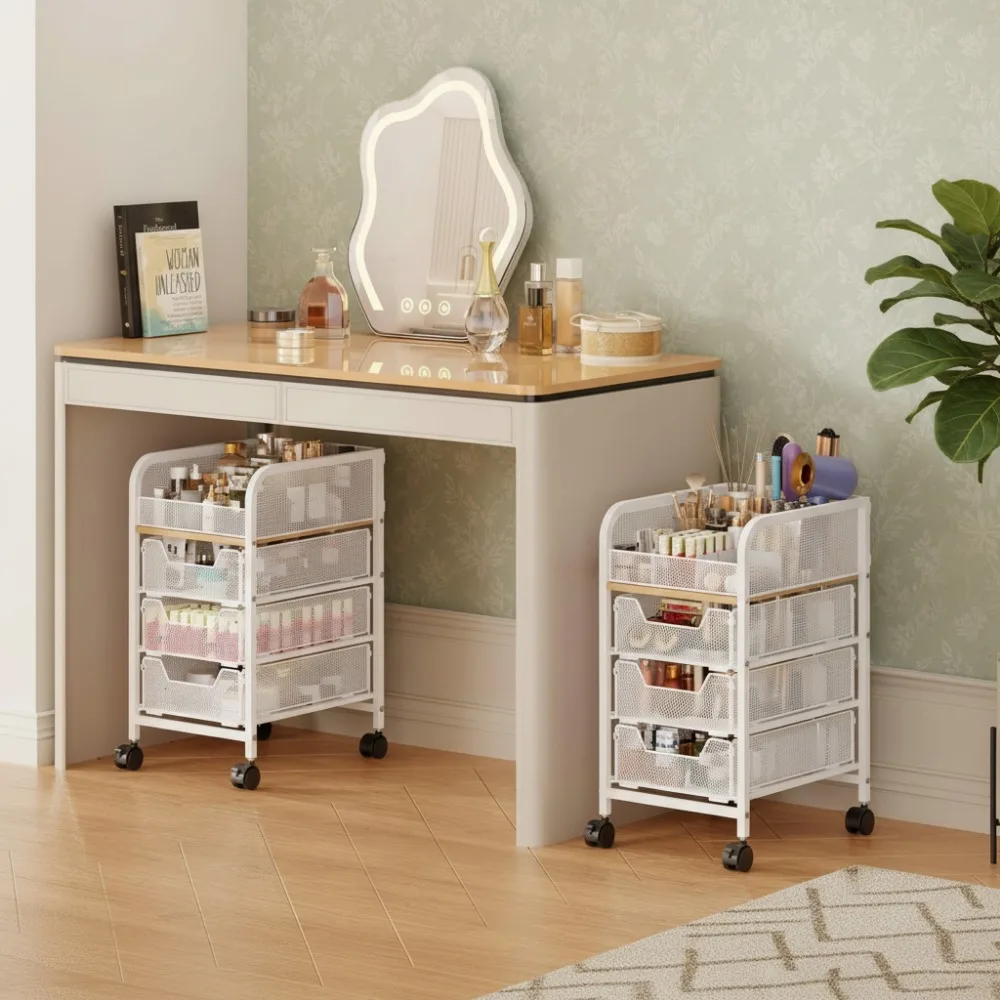 3-Drawer Rolling Makeup Cart with 4 Tiers, Slim Vanity Organizer for Cosmetics and Hair Tools in White