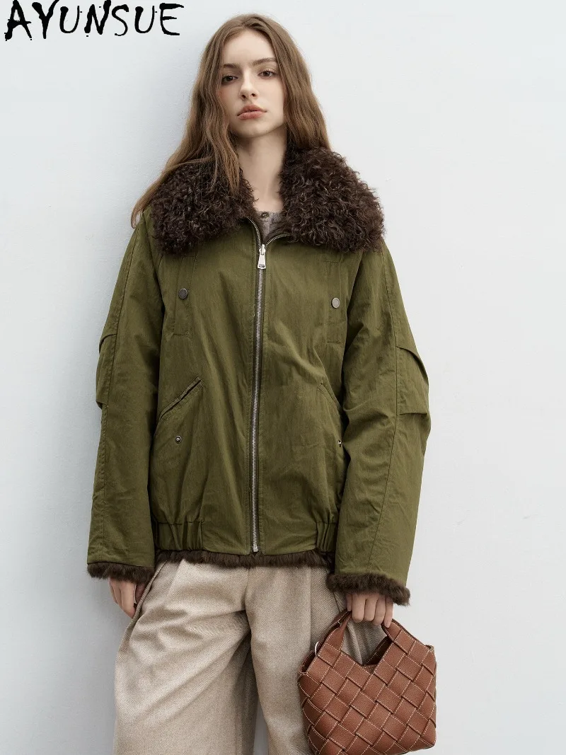 AYUNSUE Womens Natural Rabbit Fur Lined Coat Tuscan Sheep Wool Collar Short Length Clothes Ladies Winter Jacket Abrigo Mujer