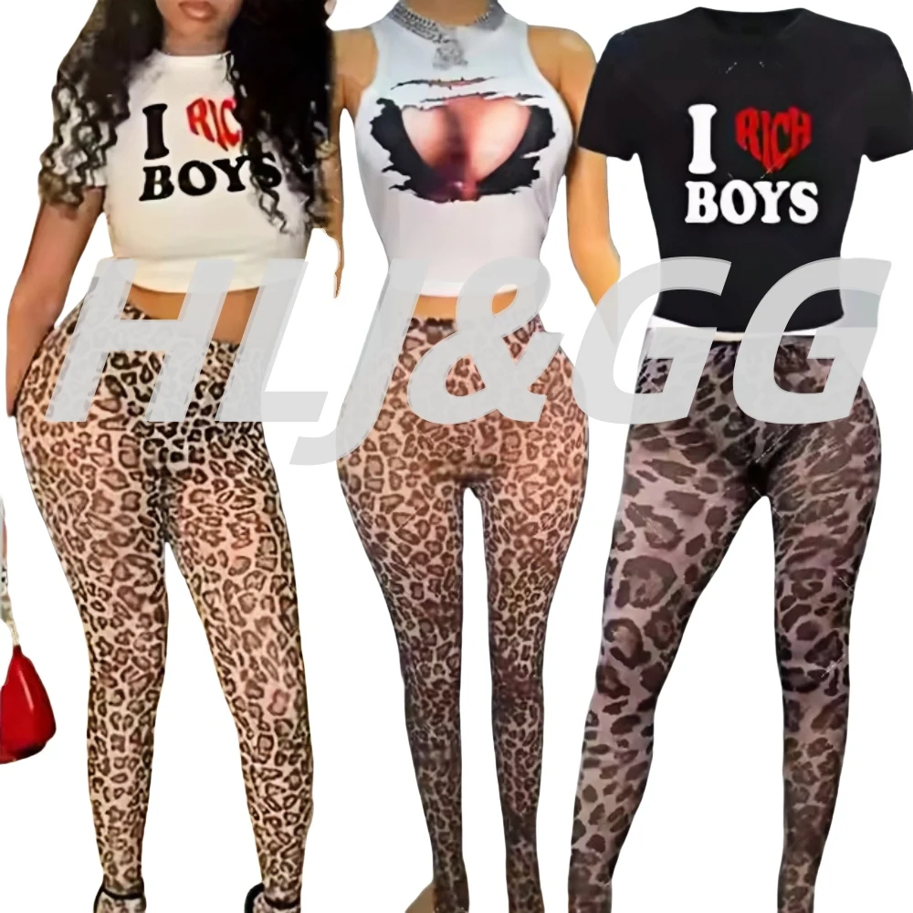 HLJ&GG Fashion Y2K Letter Printing Crop Top Dwuczęściowe zestawy damskie Okrągły dekolt Koszulki z krótkim rękawem i spodnie w panterkę Stroje 2025 — zdjęcie 2
