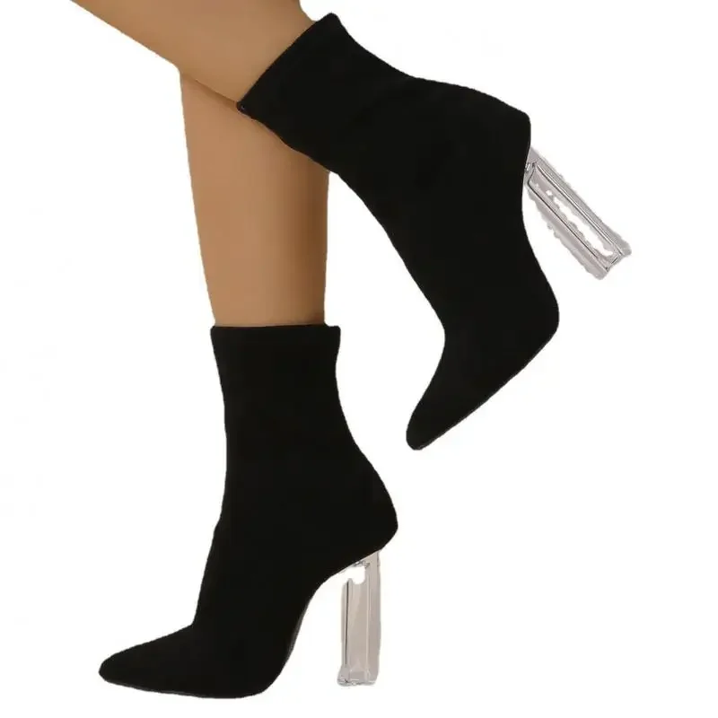 Women Short Boots Shoes High Heel Crystal Heel Medium-tube Black Point Toe Strecth Socks Boot Shoes For Female