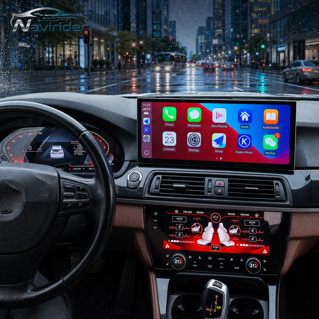 Navirider para BMW Serie 5 X5 F15 F10 Reproductor Inalámbrico CarPlay Android Auto de 15.8 Pulgadas + Panel Táctil de Climatización + Velocímetro LCD Linux