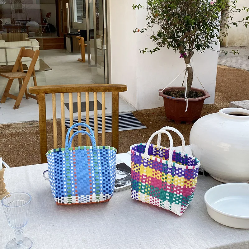 Weaving Hand Basket Colorful Handbag Fashion PVC Handle Woven Bag Patchwork Striped Tote Purses Large Capacity Picnic Beach Bag