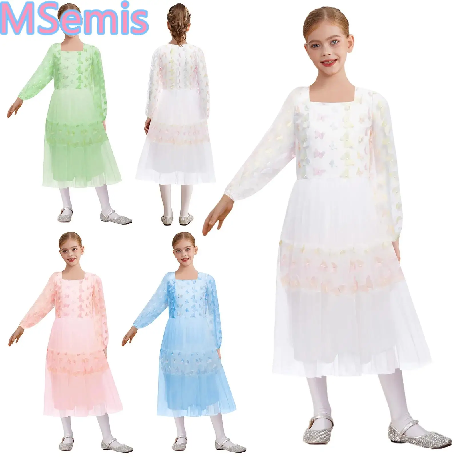 

Kids Girls Butterfly Tulle Dance Dresses Square Neck Long Puff Sleeves A-Line Dress for Wedding Birthday Party Holiday