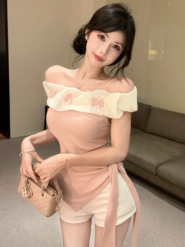 

Summer New Style Unique Beautiful Shoulder Bared Short Sleeve T Shirt Women's Korean Version Standard Fit Breathable Knitted Top