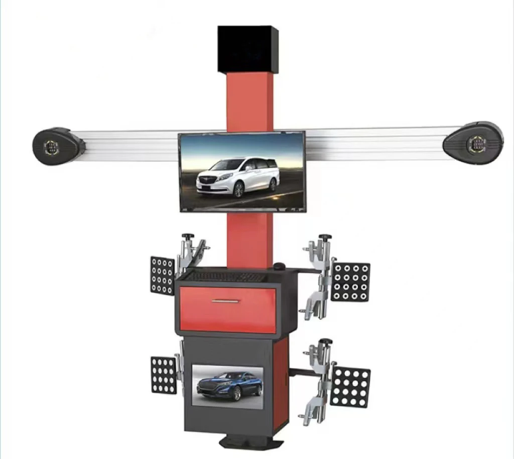 A complete set of 3D four-wheel alignment equipment for automobiles, including a four column underground storage scissor lift
