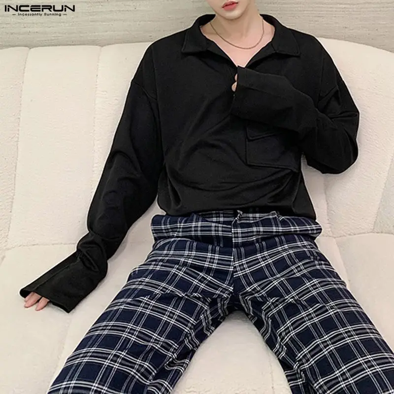 

INCERUN Мужская рубашка Сплошной цвет с лацканами и карманами с длинными рукавами Модная мужская одежда Уличная одежда Свободные модные повседневные топы Мужские рубашки