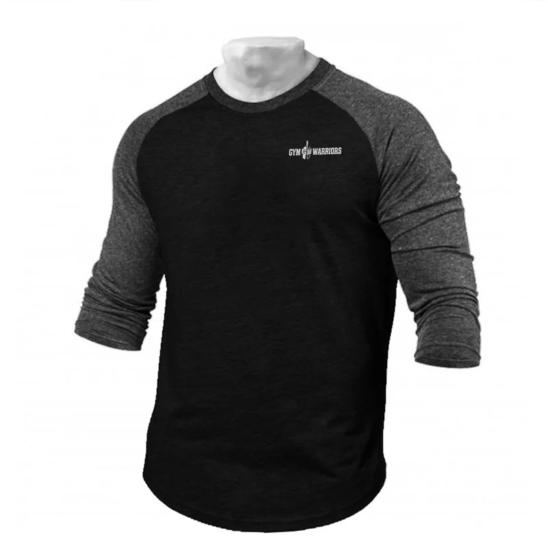 Gym Bodybuilding Sport Slim Fit Clothing Mens Cotton Fitness Casual T-shirts Autumn Three Quarter Sleeves Contrast Color Shirts