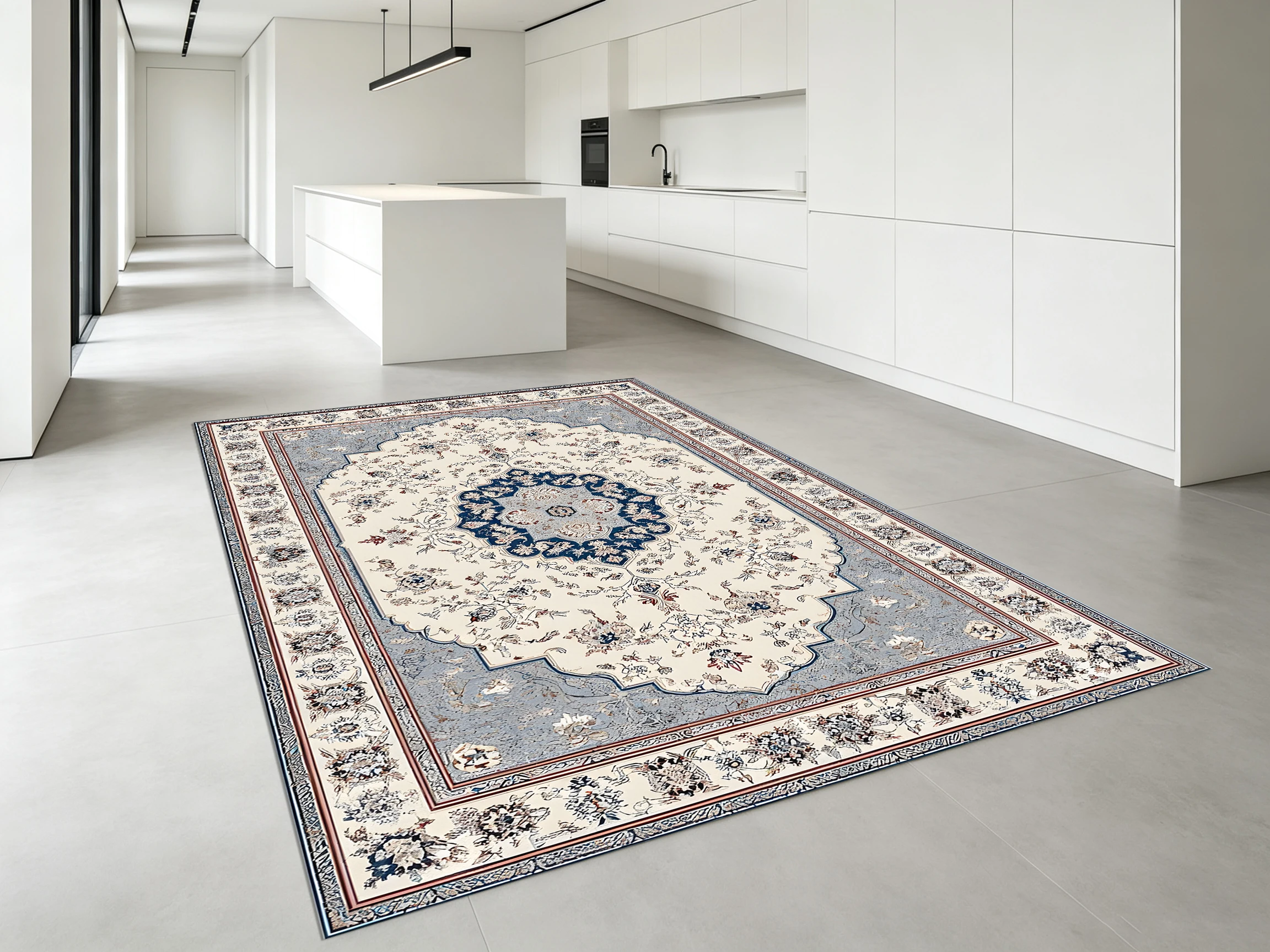 2D Large Rug in Gray-Blue & Beige Retro Persian Pattern, Comfortable Underfoot, for Living Room & Bedroom, Enhancing the