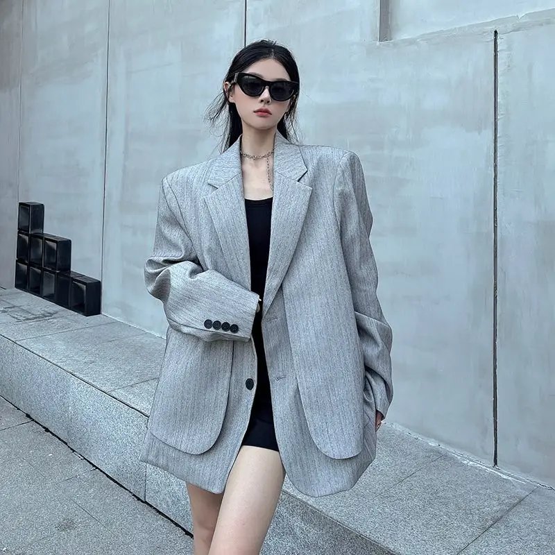 Fake Two-Piece Blazer For Women Spring Autumn New Style Oversized High-End Texture Unisex Padded Shoulder Top Black Jacket