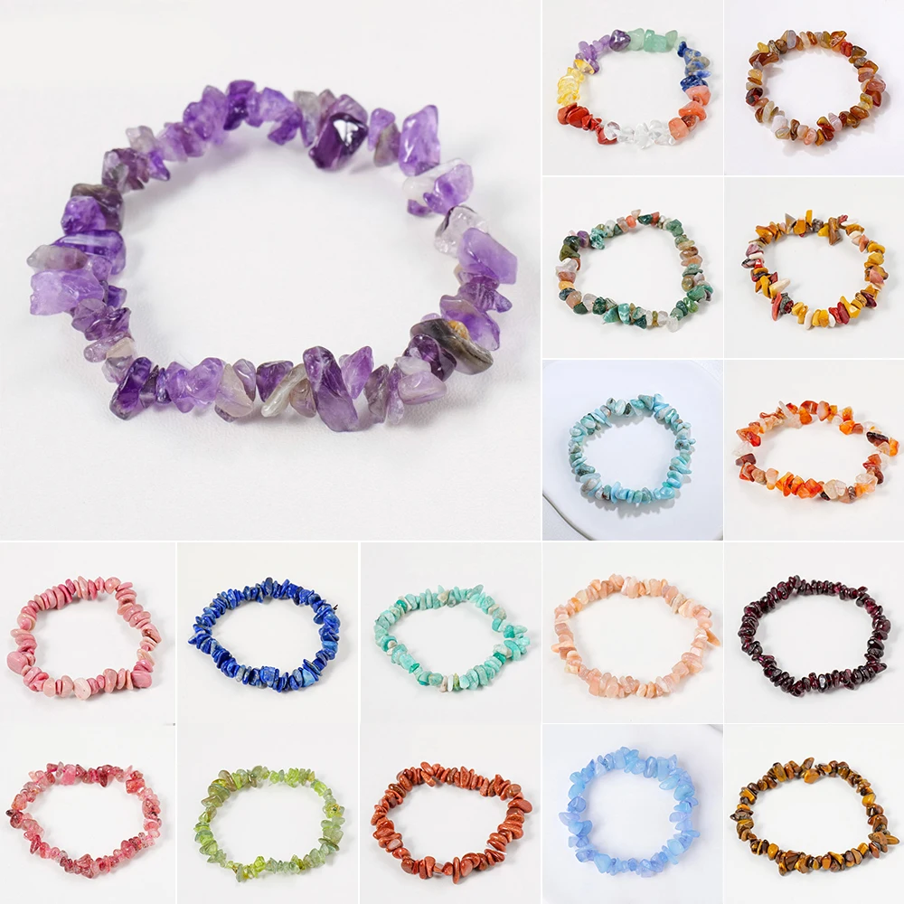 EG13-1 Natural Gem Stone Bracelet Irregular Quartz Stretch Chip beads Nuggets Amethyst Bracelets Bangles Women Crystal Wristband