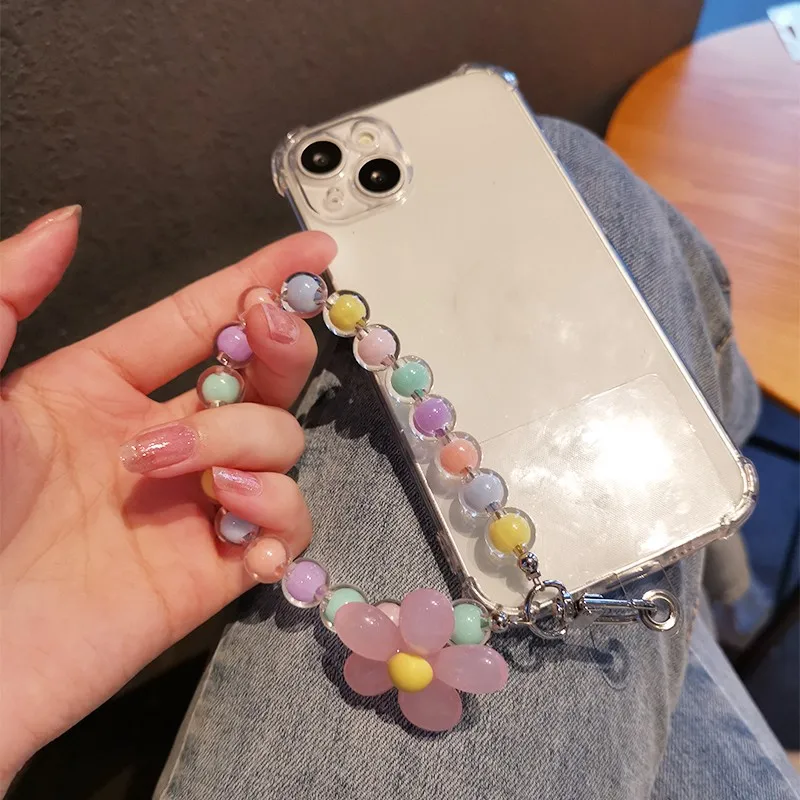 Lanyard voor mobiele telefoon Korte stijl polsband Kristallen bloem Handgemaakte kralenarmband Hanger Lanyard Anti-verloren brede polsbanden