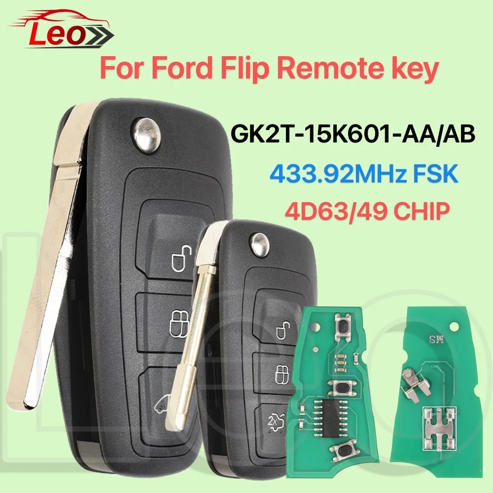 레오 자동차 리모컨 플립 키 포드 트랜짓 투르네오 커스텀 2016-2020 433.92MHz FSK 4d63/49CHIP 3버튼 FCC ID: GK2T-15K601-AA/AB