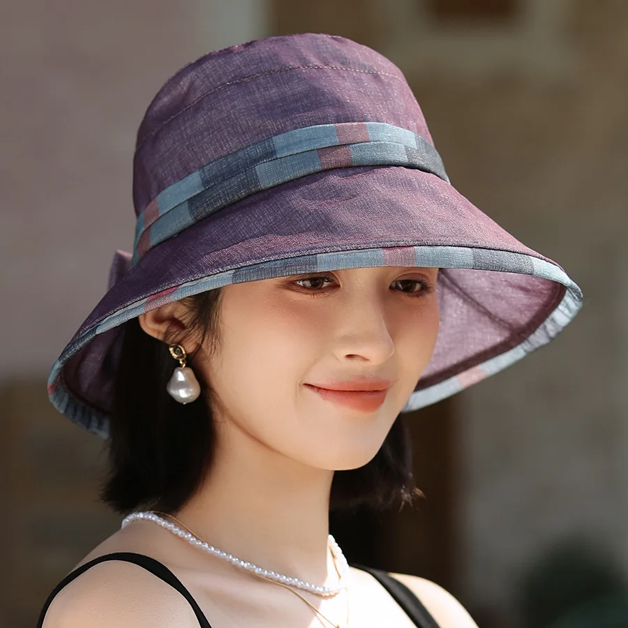 Fisherman's Hat Female Korean Plaid Bow Large Brim Breathable Sunscreen Hat Elegant Hundred Mom Sunshade Hat sub