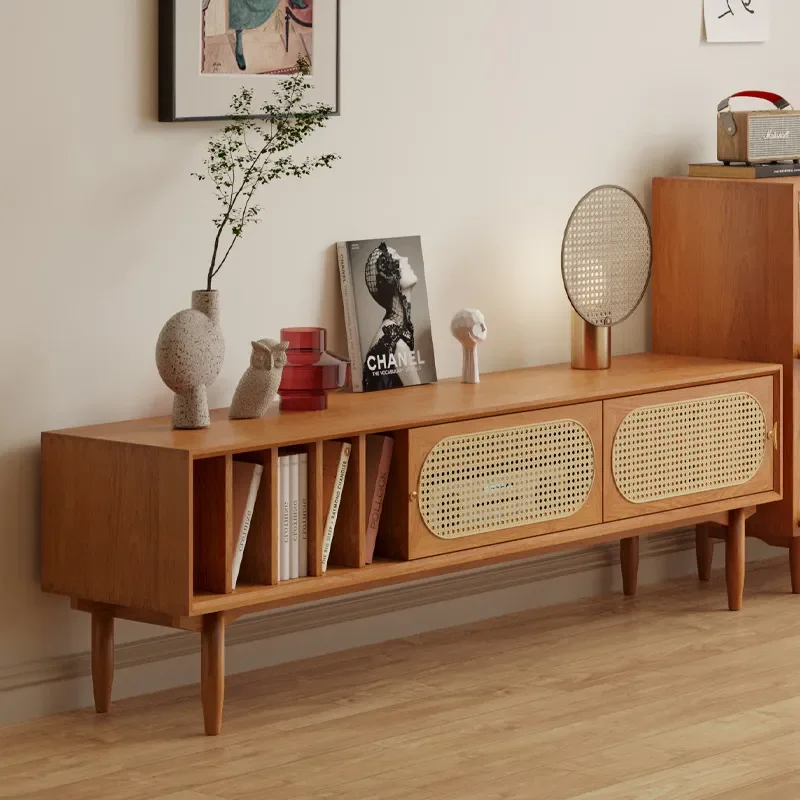 Japanese Style Solid Wood TV Cabinet Living Room Storage Audio Visual Cabinet Multi Functional Rattan Low Cabinet with