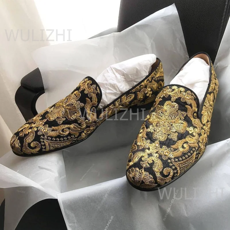 

Golden Embroidered Elegant Men's Loafers Flat Round Gentlemanly Simple Ethnic Style Canvas Striped Party Boat Basic Shoe