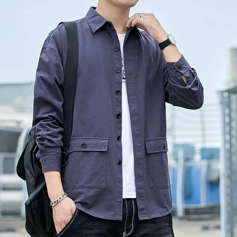 362 Spring Summer Fashion Men's Casual Shirt Multi-pocket Long Sleeve Solid Color Simple Basic Daily Blouse Youth Teens Coats