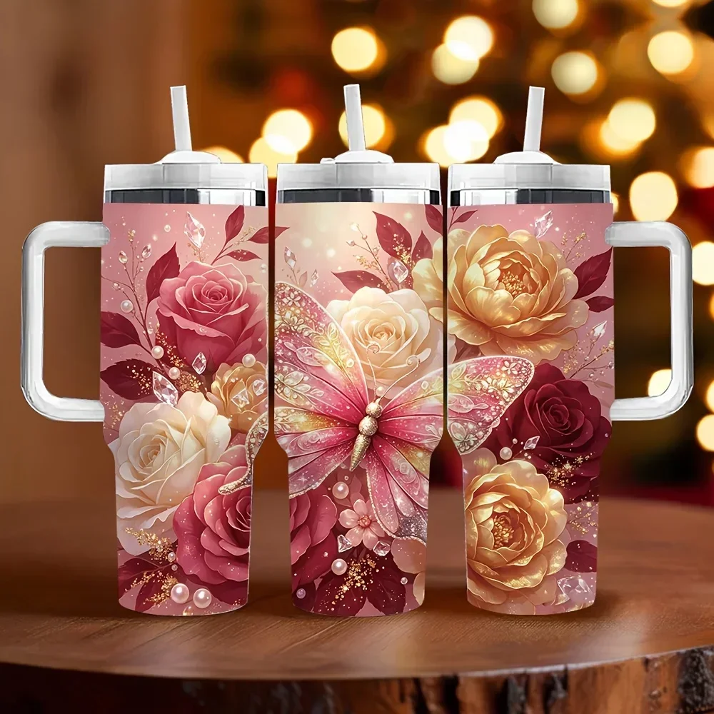40Oz Long-Lasting Insulated Tumbler with Handle, Elegant Rose Butterfly Print Tumbler, Ideal Holiday Birthday Gift for Women, Suitable for Daily Use And Outdoor Outingsorders for other colors will be shipped randomly in black or white