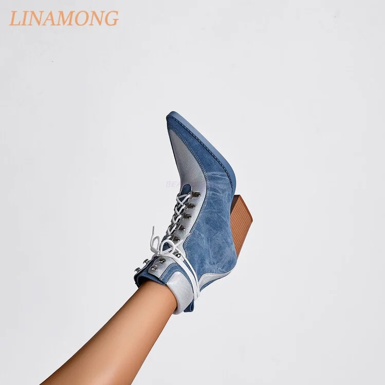 Women Pointed Toe Denim Ankle Boots Metallic Splicing Lace Up Wedge Heel Rivet Eyelet Slim Shaft Female Fashion Short Booties