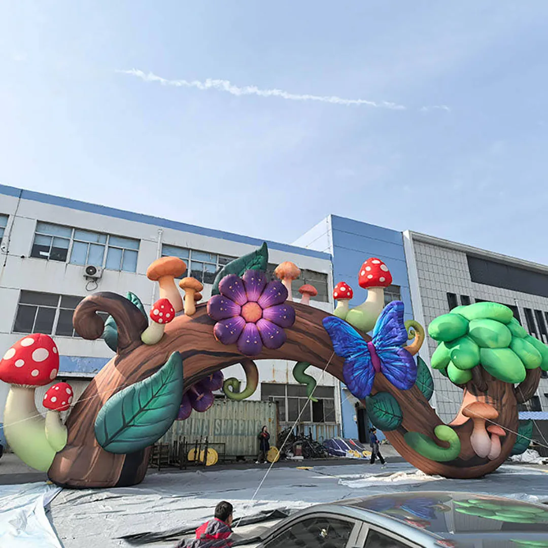 Giant Inflatable Tree Trunk Arch with Mushroom/Flower/Butterfly Theme Park Theatre Play Decoration Props for Event Advertising
