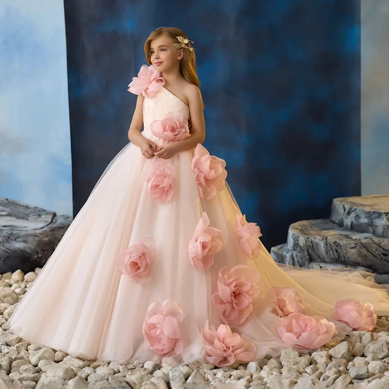Kids New One Shoulder Sweep Train Long Dress Children Girls Host Birthday Party Evening Gown Elegant Princess Formal Costume