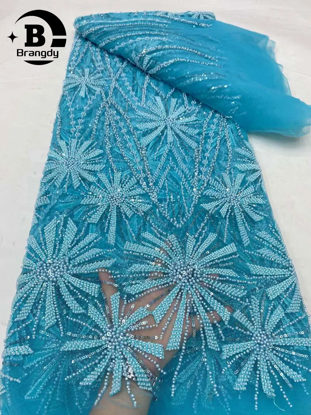 

Brangdy African Groom Lace Fabric 2024 High Quality Lace Embroidered French Sequin Beads Tulle Nigerian Party Material 5 Yards
