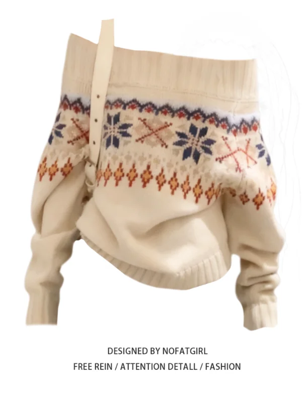 

plus Size Women's Vintage Fair Isle One oulder Sweater Loose Fit Knitted Top Autumn Winter New Sle Versatile Commute Sle