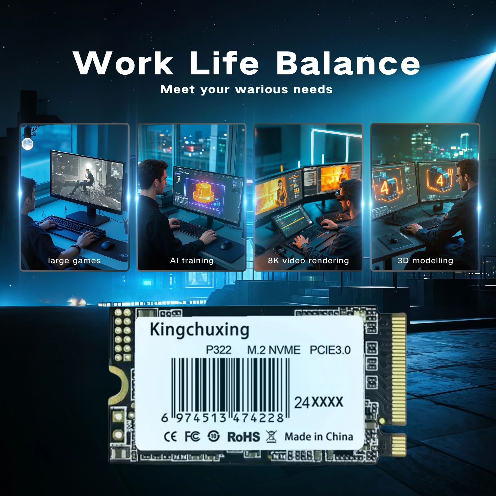 Kingchuxing M.2 2242 NVMe PCIe3.0 SSD 2TB 1TB 512GB PCIe3.0 Gen 3x4 Solid State Drives for Laptop Desktop