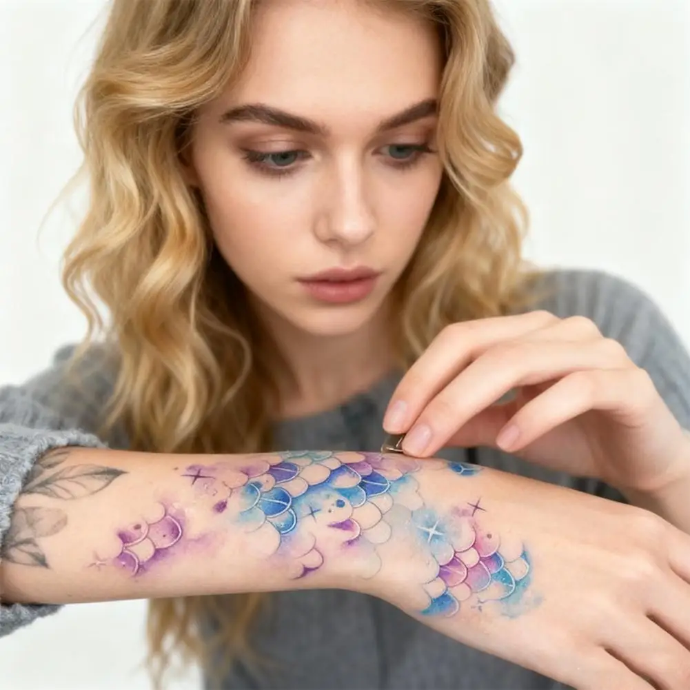 حورية البحر الوشم ملصق فريد المتاح ملصقات مقاومة للماء والجسم والوجه رسمت مقلد الملونة مقاوم للعرق الموازين T G3K9