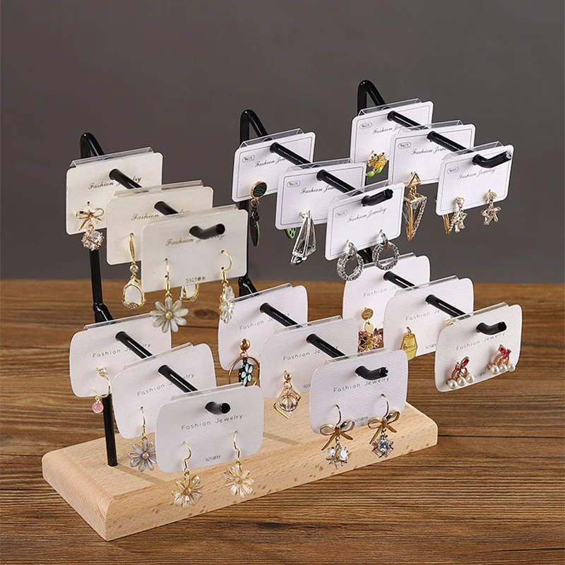 Earrings Jewelry Display Stand Wooden Base Steel Organizer Necklace Ring Jewelry Storage Rack Hook Up Holder Boxes Store Decor