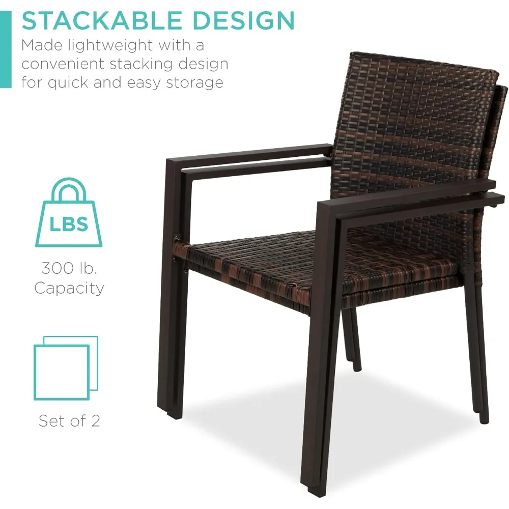 

Set of 2 Stackable Outdoor Wicker Dining Chairs All-Weather Firepit Armchair w/Armrests, Steel Frame for Patio,