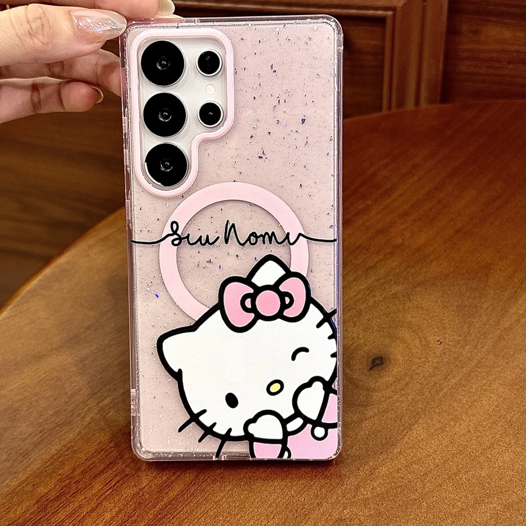 Lovely illustration Hello Kitty Magnetic holder Magsafe Wireless Charge Case For Samsung Galaxy S25 Ultra S24 Plus S23 FE Cover