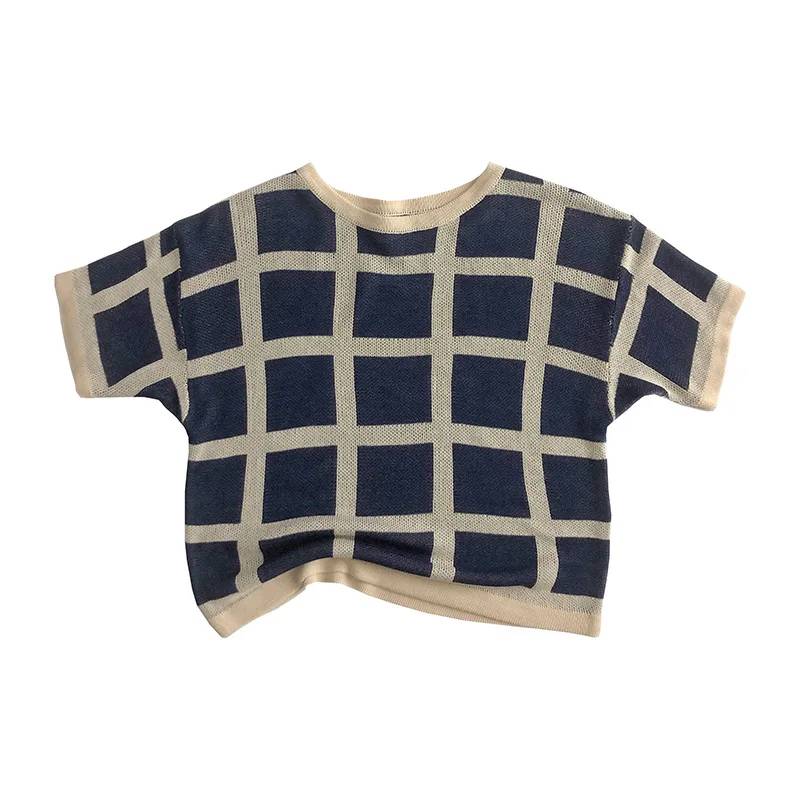 Summer Korean Kids Short-sleeved T-shirt Plaid Knitted Tops Toddler Boys Girls Casual Tees