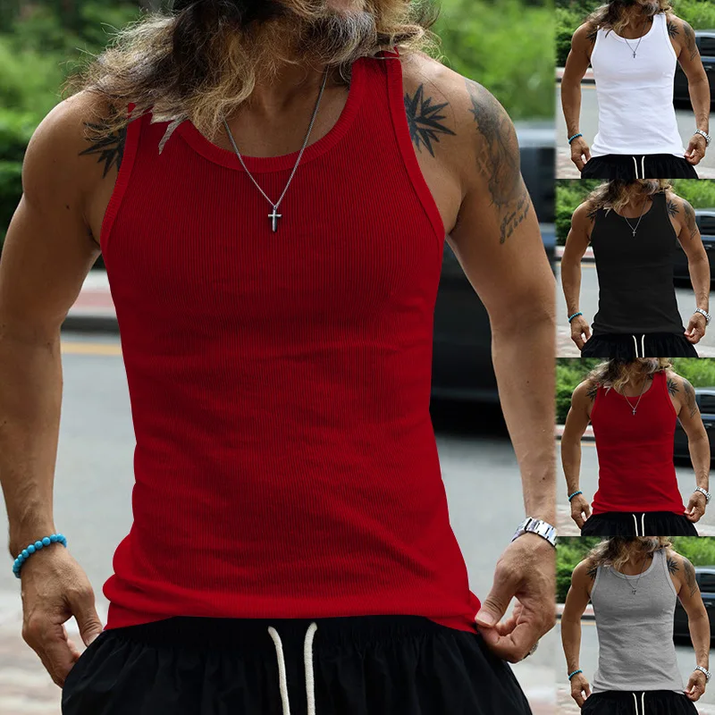 Coarse Thread Fit Elastic Sports Fitness Tank Top for Men Summer Round Neck Large Size Casual Muscle Training Breathable Men