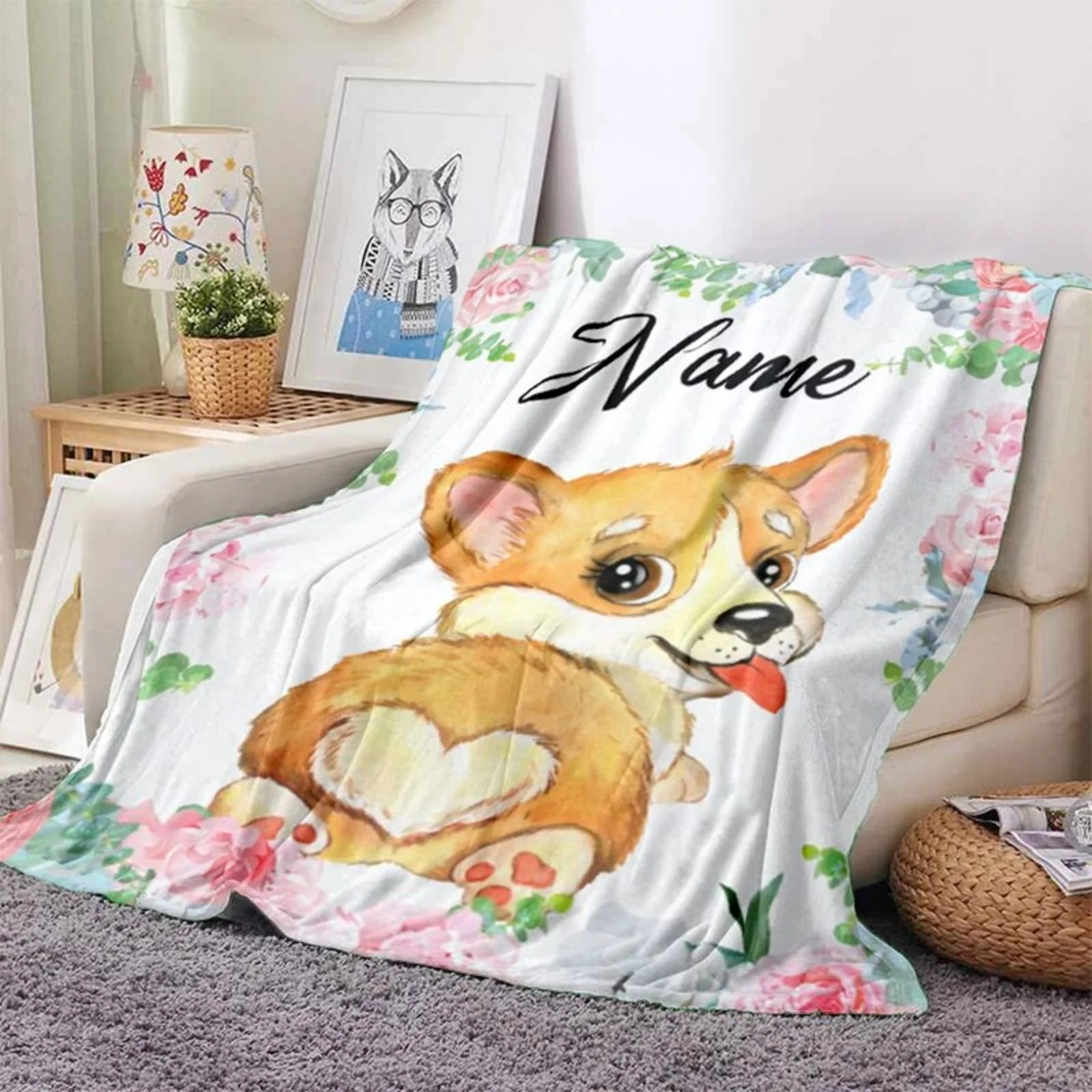 

Custom Pet Name Blanket Warm Flannel Throw Blanket for Kids Adult Lightweight Soft Corgi Blankets for Bed Sofa Airplane 70x100cm