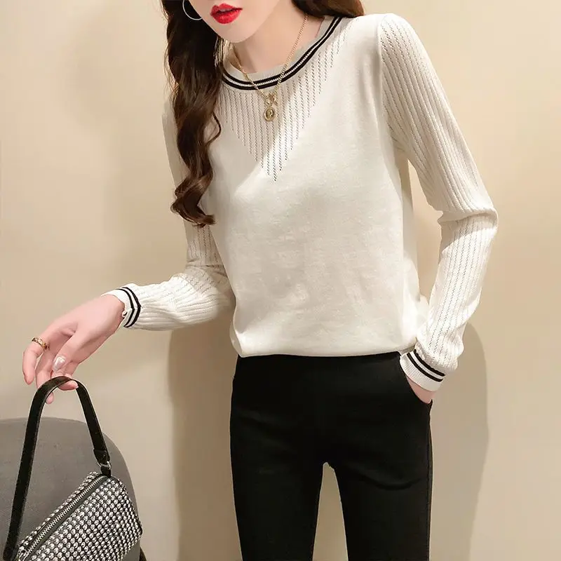 spring autumn new Solid color sweater women Round neck Long Sleeve fashion Pullovers elegant Hollow out thread patchwork tops